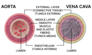 (e) Labelled diagrams of the transverse section of vena cava and aorta showing their structural differences are given below: