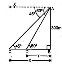 In the adjoining figure, not drawn to the scale, AB is a tower and two objects C and D are located on the ground, on the same side of AB. When observed from the top A of the tower, their angles of depression are 45° and 60°. Find the distance between the two objects. If the height of the tower is 300 m. Give your answer to the nearest metre. (1998)