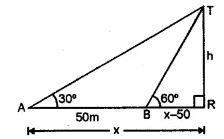 The angle of elevation of the top of a tower from a point A (on the ground) is 30°. On walking 50 m towards the tower, the angle of elevation is found to be 60°. Calculate