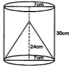 12. From a solid cylinder of height 30 cm and radius 7 cm, a conical cavity of height 24 cm and of base radius 7 cm is drilled out. Find the volume and the total surface of the remaining solid.