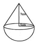 14. The adjoining figure shows a hemisphere of radius 5 cm surmounted by a right circular cone of base radius 5 cm. Find the volume of the solid if the height of the cone is 7 cm. Give your answer correct to two places of decimal.