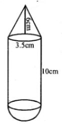 20. A solid is in the form of a right circular cylinder with a hemisphere at one end and a cone at the other end. Their common diameter is 3.5 cm and the height of the cylindrical and conical portions are 10 cm and 6 cm respectively. Find the volume of the solid. (Take π = 3.14)