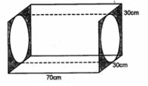 The adjoining figure shows a cuboidal block of wood through which a circular cylindrical hole of the biggest size is drilled. Find the volume of the wood left in the block.