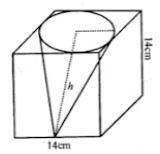 From a cube of edge 14 cm, a cone of maximum size is carved out. Find the volume of the remaining material.