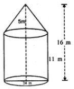 10. A circus tent is in the shape of a cylinder surmounted by a cone. The diameter of the cylindrical portion is 24 m and its height is 11 m. If the vertex of the cone is 16 m above the ground, find the area of the canvas used to make the tent.