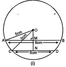 In a circle of radius 5 cm, AB and CD are two parallel chords of length 8 cm and 6 cm respectively. Calculate the distance between the chords if they are on : (i) the same side of the centre.