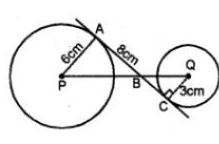 16. In the given figure, AC is a transverse common tangent to two circles with centres P and Q and of radii 6 cm and 3 cm respectively. Given that AB = 8 cm, calculate PQ.