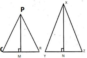  Two isosceles triangles have equal vertical angles and their areas are in the ratio 7: 16. Find the ratio of their corresponding height.