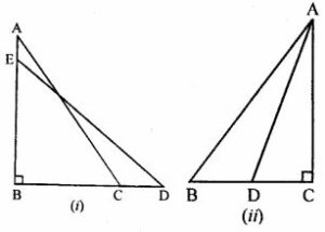 (a) In figure (i) given below, BC = 5 cm, ∠B =90°, AB = 5AE, CD = 2AE and AC = ED. Calculate the lengths of EA, CD, AB and AC. (b) In the figure (ii) given below, ABC is a right triangle right angled at C. If D is mid-point of BC, prove that AB2 = 4AD² – 3AC².