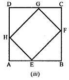  In figure (iii) given below, ABCD is a square of side 7 cm. if AE = FC = CG = HA = 3 cm, (i) prove that EFGH is a rectangle. (ii) find the area and perimeter of EFGH.