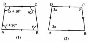 In figure (1) given below, ABCD is a trapezium. Find the values of x and y. (b) In figure (2) given below, ABCD is an isosceles trapezium. Find the values of x and.y.