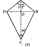 (c) In figure (3) given below, ABCD is a kite and diagonals intersect at O. If ∠DAB = 112° and ∠DCB = 64°, find ∠ODC and ∠OBA.