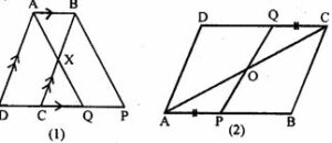 (a) In figure (1) given below, ABCD is a parallelogram and X is mid-point of BC. The line AX produced meets DC produced at Q. The parallelogram ABPQ is completed. Prove that: (i) the triangles ABX and QCX are congruent; (ii)DC = CQ = QP (b) In figure (2) given below, points P and Q have been taken on opposite sides AB and CD respectively of a parallelogram ABCD such that AP = CQ. Show that AC and PQ bisect each other.