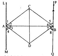 A transversal cuts two parallel lines at A and B. The two interior angles at A are bisected and so are the two interior angles at B ; the four bisectors form a quadrilateral ABCD. Prove that