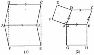 (a) In the Figure (1) given below, ABCD and ABEF are parallelograms. Prove that (i) CDFE is a parallelogram (ii) FD = EC (iii) Δ AFD = ΔBEC. (b) In the figure (2) given below, ABCD is a parallelogram, ADEF and AGHB are two squares. Prove that FG = AC