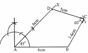 Using ruler and compasses only, construct the quadrilateral ABCD in which ∠ BAD = 45°, AD = AB = 6cm, BC = 3.6cm, CD = 5cm. Measure ∠ BCD.