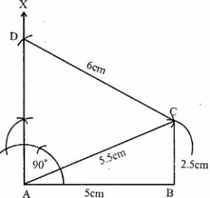 Using ruler and compasses only, construct the quadrilateral ABCD given that AB = 5 cm, BC = 2.5 cm, CD = 6 cm, ∠BAD = 90° and the diagonal AC = 5.5 cm.