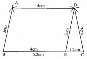 Construct a trapezium ABCD in which AD || BC, AB = CD = 3 cm, BC = 5.2cm and AD = 4 cm