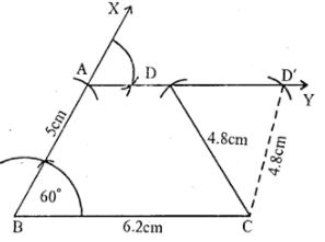 Construct a trapezium ABCD in which AD || BC, ∠B= 60°, AB = 5 cm. BC = 6.2 cm and CD = 4.8 cm.