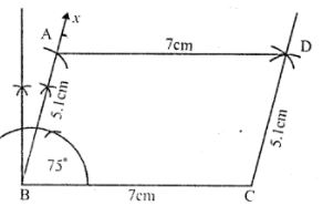 Using ruler and compasses only, construct a parallelogram ABCD with AB = 5.1 cm, BC = 7 cm and ∠ABC = 75°.