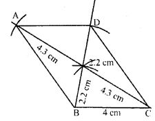 Using ruler and compasses only, construct a parallelogram ABCD such that BC = 4 cm, diagonal AC = 8.6 cm and diagonal BD = 4.4 cm. Measure the side AB.