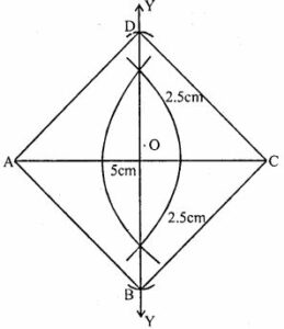 Using ruler and compasses only, construct a square having a diagonal of length 5cm. Measure its sides correct to the nearest millimeter.