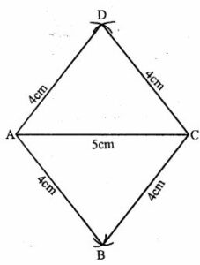 Using ruler and compasses only, construct rhombus ABCD with sides of length 4cm and diagonal AC of length 5 cm. Measure ∠ABC.