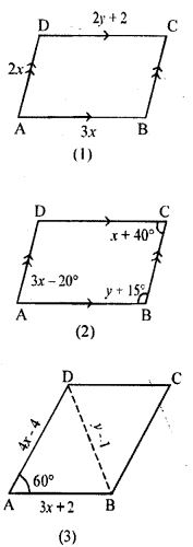 (a) In figure (1) given below, ABCD is a parallelogram with perimeter 40. Find the values of x and y. (b) In figure (2) given below. ABCD is a parallelogram. Find the values of x and y. (c) In figure (3) given below. ABCD is a rhombus. Find x and y.