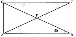 The diagonals AC and BD of a rectangle > ABCD intersect each other at P. If ∠ABD = 50°, find ∠DPC.