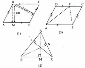 (a) In the figure (1) given below, the perimeter of parallelogram is 42 cm. Calculate the lengths of the sides of the parallelogram. (b) In the figure (2) given below, the perimeter of ∆ ABC is 37 cm. If the lengths of the altitudes AM, BN and CL are 5x, 6x, and 4x respectively, Calculate the lengths of the sides of ∆ABC. (c) In the fig. (3) Given below, ABCD is a parallelogram. P is a point on DC such that area of ∆DAP = 25 cm² and area of ∆BCP = 15 cm². Find (i) area of || gm ABCD (ii) DP: PC.