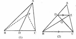  (a) In the figure (1) given below, AD is median of ∆ABC and P is any point on AD. Prove that (i) Area of ∆PBD = area of ∆PDC. (ii) Area of ∆ABP = area of ∆ACP. (b) In the figure (2) given below, DE || BC. Prove that (i) area of ∆ACD = area of ∆ ABE. (ii) Area of ∆OBD = area of ∆OCE.