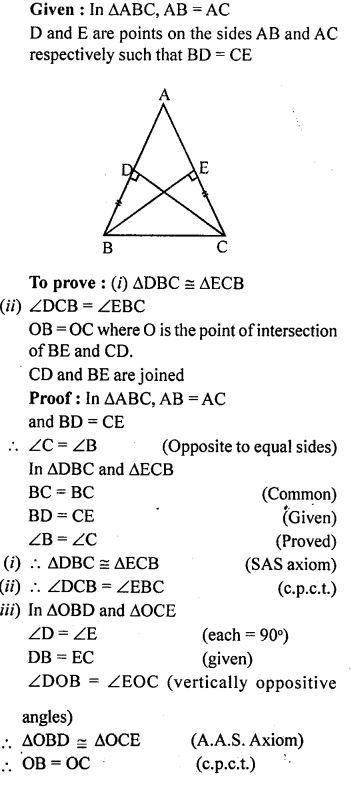 In a triangle ABC, AB = AC, D and E are points on the sides AB and AC respectively such that BD = CE. Show that: