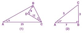 (a) From the figure (1) given below, find the values of: (i) 2 sin y – cos y (ii) 2 sin x – cos x (iii) 1 – sin x + cos y (iv) 2 cos x – 3 sin y + 4 tan x (b) In the figure (2) given below, ∆ABC is right-angled at B. If AB = y units, BC = 3 units and CA = 5 units, find (i) sin x° (ii) y.