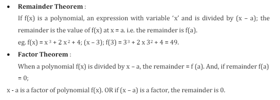 Reminder and Factor Theorem Formula for ICSE Class-10 Maths