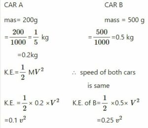 Two toy-cars A and B of masses 200 g and 500 g respectively are moving with the same speed. Which of the two has greater kinetic energy