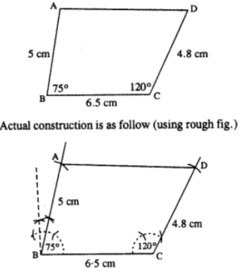 Construct a quadrilateral ABCD; if: AB = 5 cm, BC = 6.5 cm, CD =4.8 cm, ∠B = 75° and ∠C = 120°.