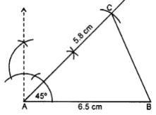 AB = 6.5 cm, AC = 5.8 cm and ∠A = 45°