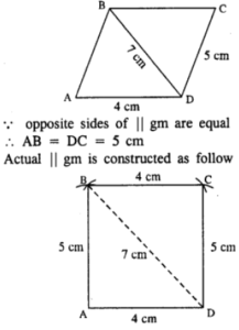 Construct a parallelogram ABCD, if : AD = 4 cm, DC = 5 cm and diagonal BD = 7 cm.