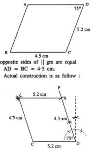 Construct a parallelogram ABCD, if : BC = 4.5 cm, CD = 5.2 cm and ∠ADC = 75°.