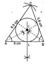 Construct a ∆ ABC such that AB = 6 cm, BC = 5.6 cm and CA = 6.5 cm. Inscribe a circle to this triangle and measure its radius.