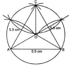 Construct an equilateral triangle ABC such that it's one side = 5.5 cm. Construct a circumcircle to this triangle.