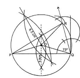 Construct an isosceles ∆ PQR such that PQ = PR = 6.5 cm and ∠PQR = 75°. Using a ruler and compasses only constructs a circumcircle to this triangle.