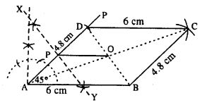 Draw a parallelogram ABCD, with AB = 6 cm, AD = 4.8 cm and ∠DAB = 45°. Draw the perpendicular bisector of side AD and let it meet AD at point P. Also, draw the diagonals AC and BD; and let them intersect at point O. Join O and P. Measure OP.