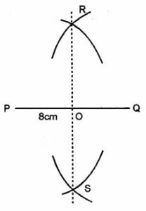 Draw a line segment PQ = 8cm. Construct the perpendicular bisector of the line segment PQ. Let the perpendicular bisector drawn meet PQ at point R