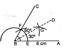 Draw line AB = 6cm. Construct angle ABC = 60°. Then draw the bisector of angle ABC