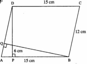 A parallelogram has sides of 15 cm and 12 cm; if the distance between the 15 cm sides is 6 cm; find the distance between 12 cm sides.