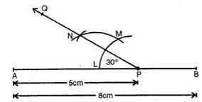 Draw a line segment AB = 8 cm. Mark a point P in AB so that AP = 5 cm. At P, construct angle APQ = 30°.