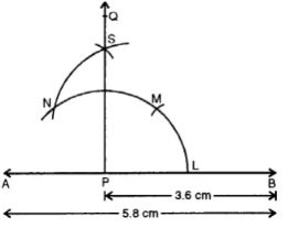 Draw a line segment AB = 5.8 cm. Mark a point P in AB such that PB = 3.6 cm. At P, draw a perpendicular to AB.