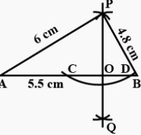 Draw a line segment AB = 5.5 cm. Mark a point P, such that PA = 6 cm and PB = 4.8 cm. From point P, draw a perpendicular to AB.