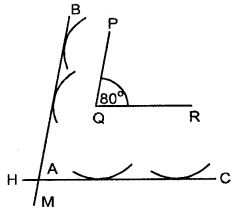Construct an angle PQR = 80°. Draw a line parallel to PQ at a distance of 3 cm from it and another line parallel to QR at a distance of 3.5 cm from it. Mark the point of intersection of these parallel lines as A.